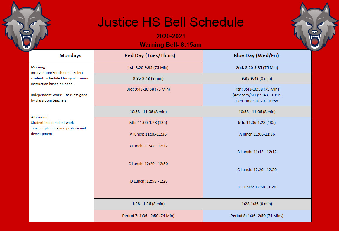 Bell Schedule Justice High School