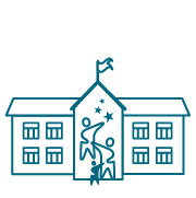 school building icon with students in front